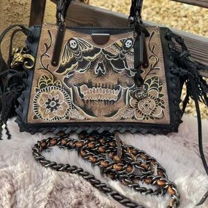 Coach Tan and Black Skull Embroidered Shoulder Bag